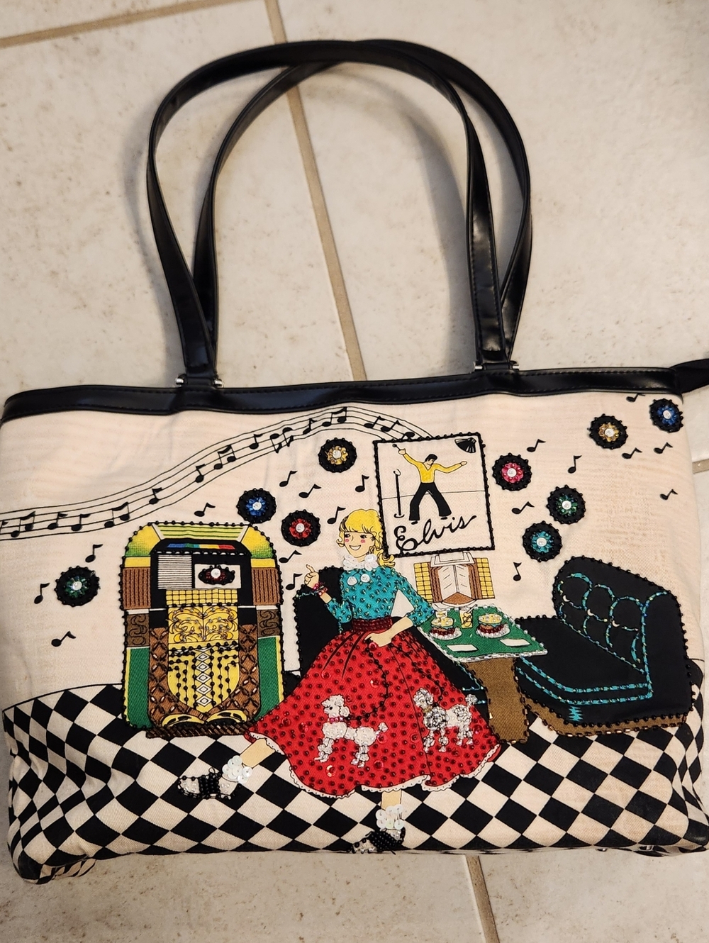 Elvis Presley Tote Bag Collectible 50’s Jukebox Retro Beaded White #K - Picture 6 of 13